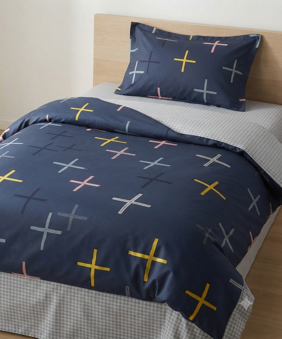 Navy Blue Multi-Colour Cross Print Winter Cotton Duvet Cover Set