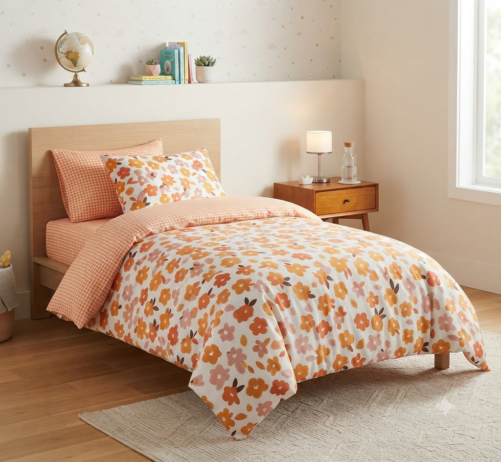 Peach & Orange Floral Winter Cotton Duvet Cover Set