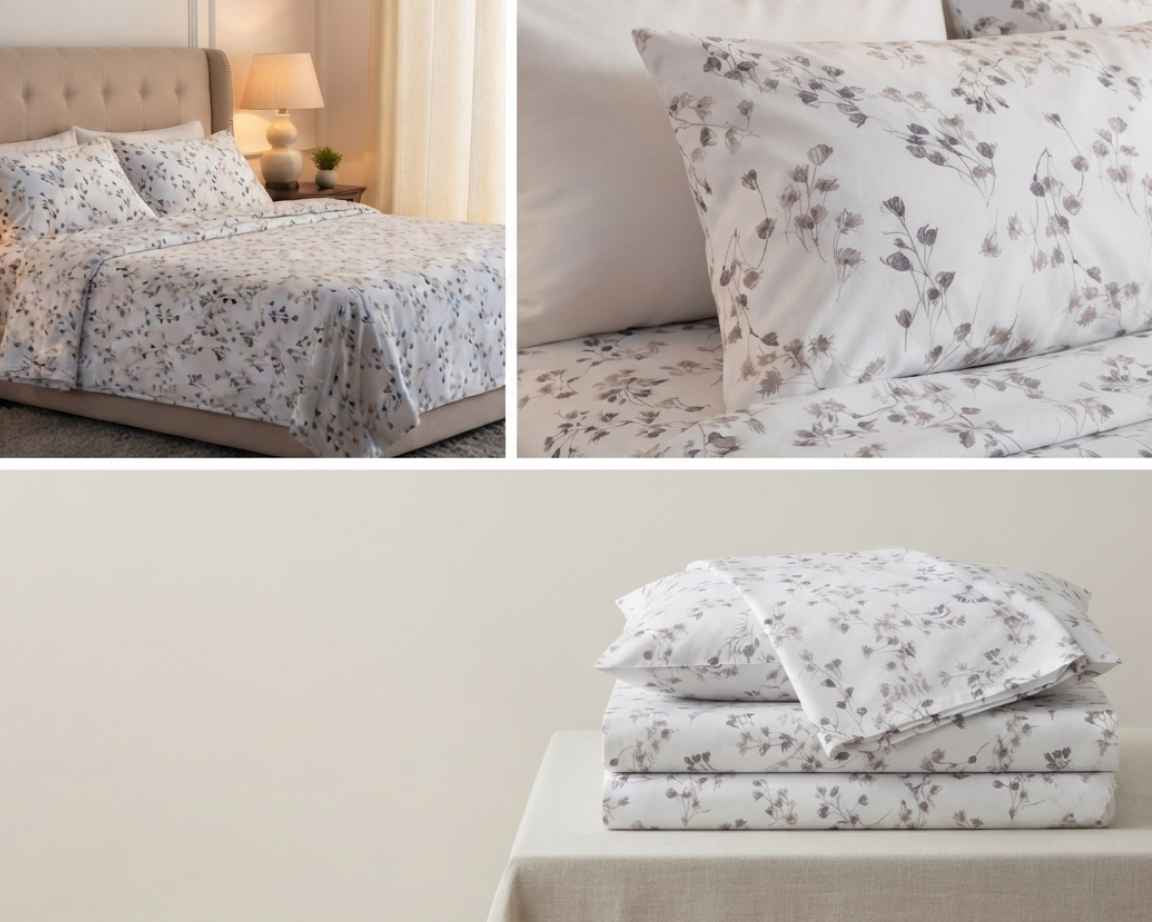 Monochrome Wildflower Printed satin Bedsheet Set