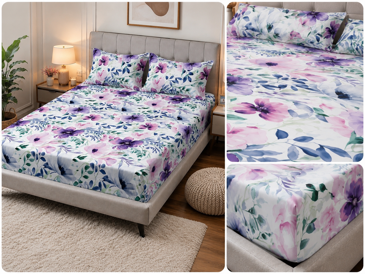 Lavender Bloom – King Size Fitted Bedsheet (3 pcs)