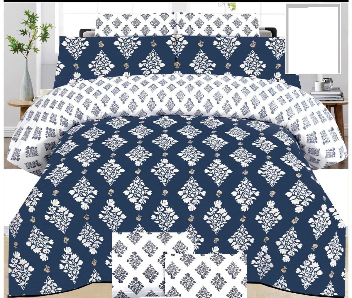 Pure Cotton Summer Bedsheet – Navy Blue Floral Damask Print
