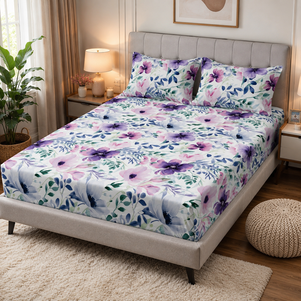 Lavender Bloom – King Size Fitted Bedsheet (3 pcs)