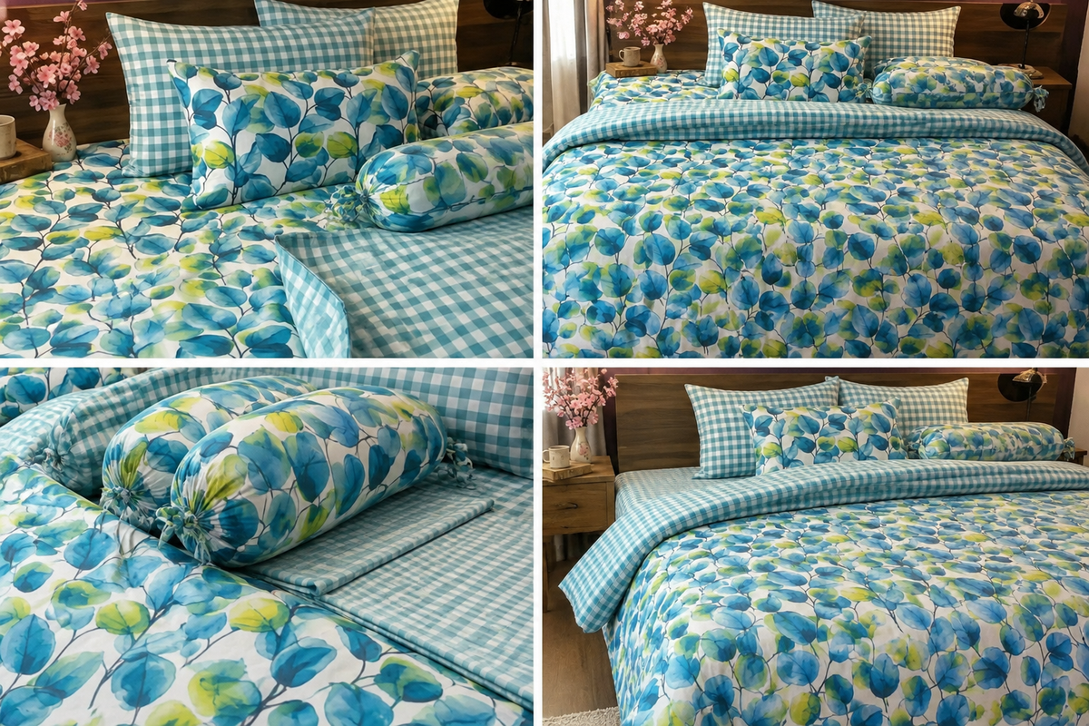 Teal Leaf Gingham pure cotton Bedding Set