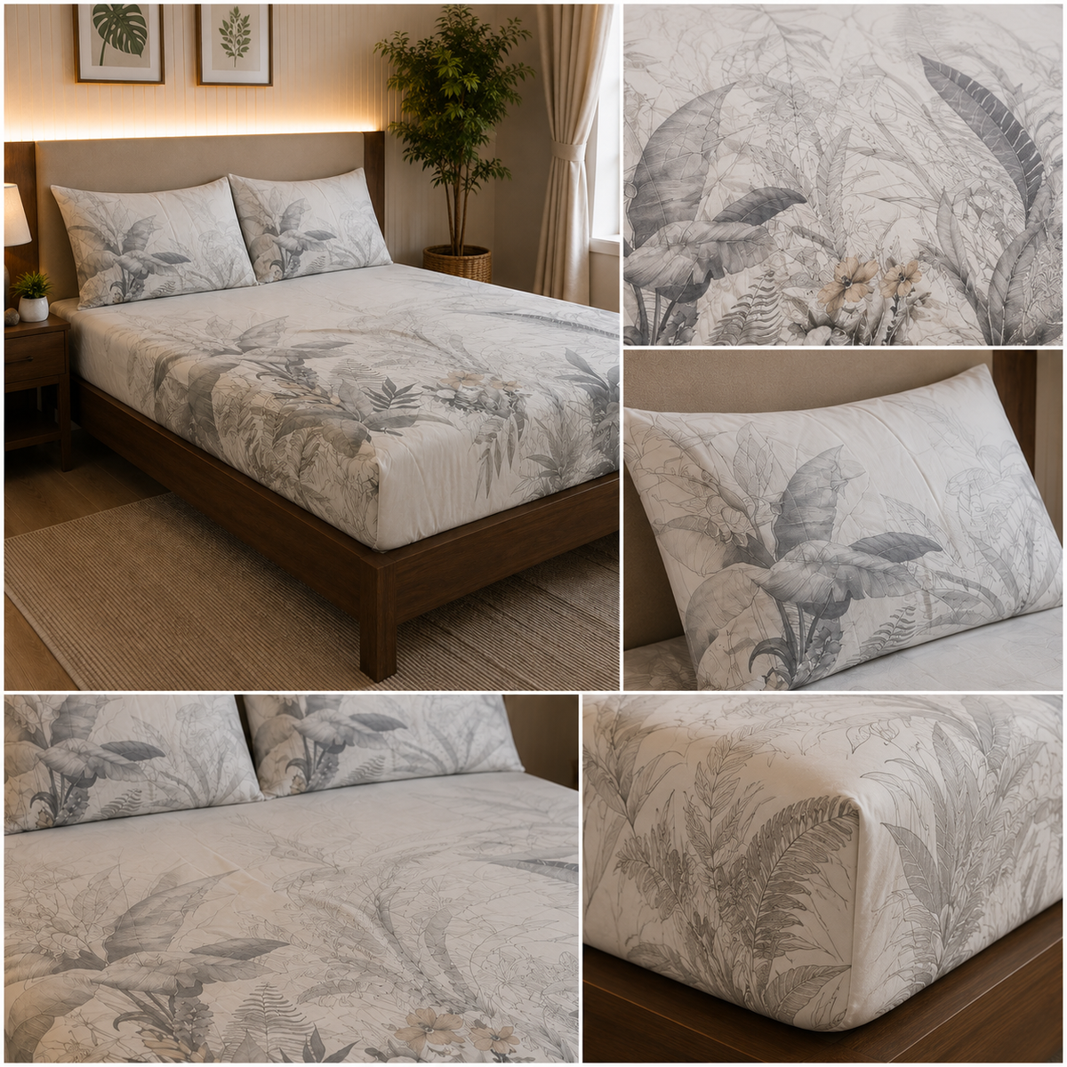 White & Grey Tropical Botanical Cotton Satin Bedsheet Set
