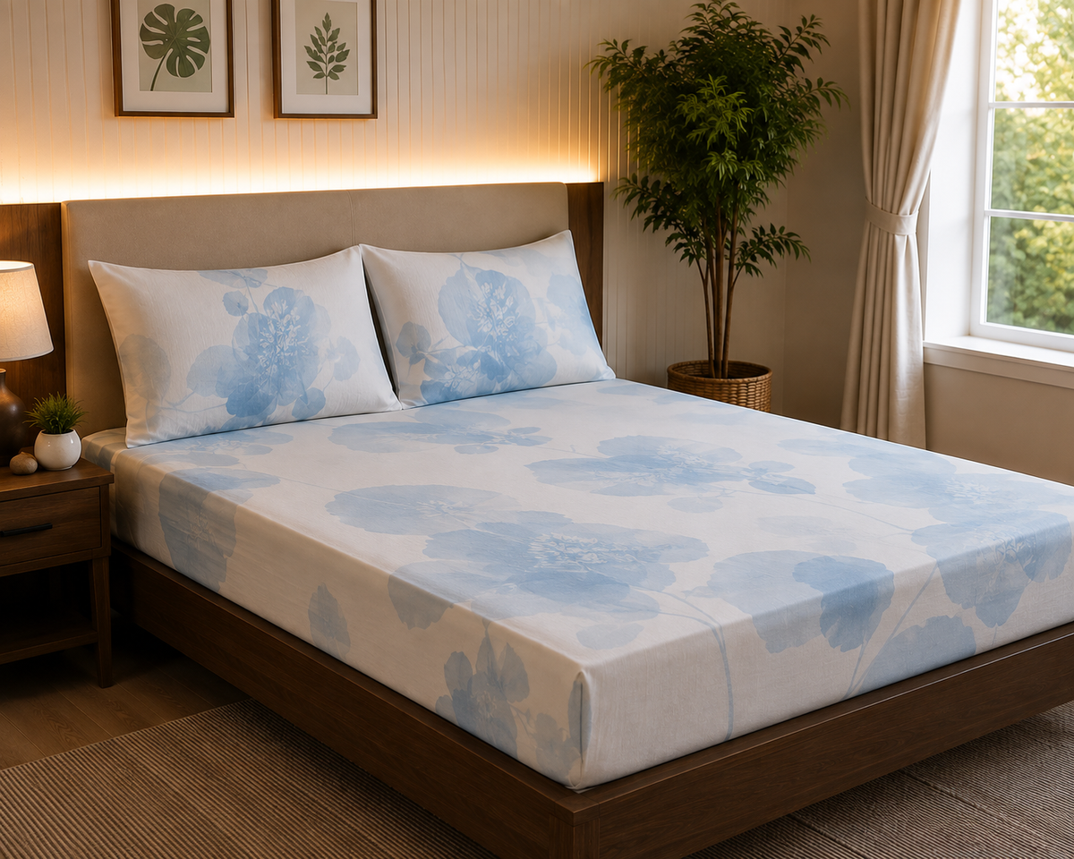 Elegant Ice Blue Floral Cotton Satin Bedsheet Set