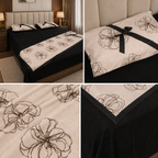 Noir Bloom Satin Bedsheet Set with Embroidered Runner