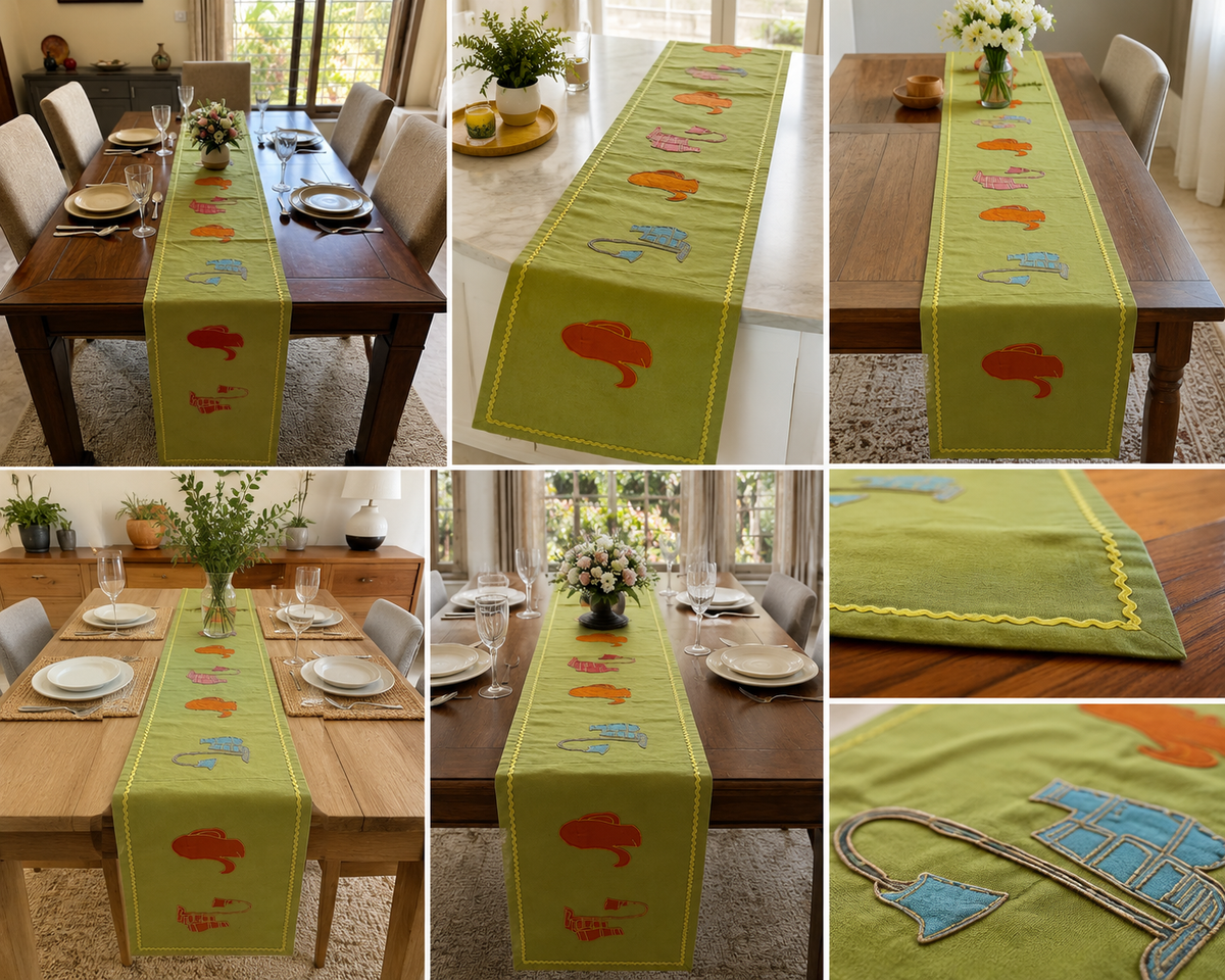 Olive Velvet Table Runner — Artistic Appliqué & Embroidery