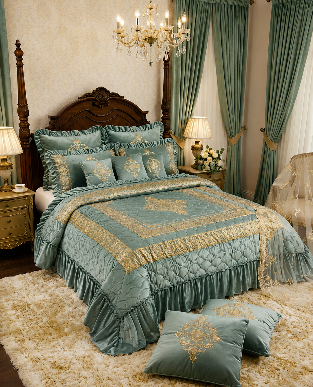 Sage Ruffle Medallion 10 pcs Comforter Set