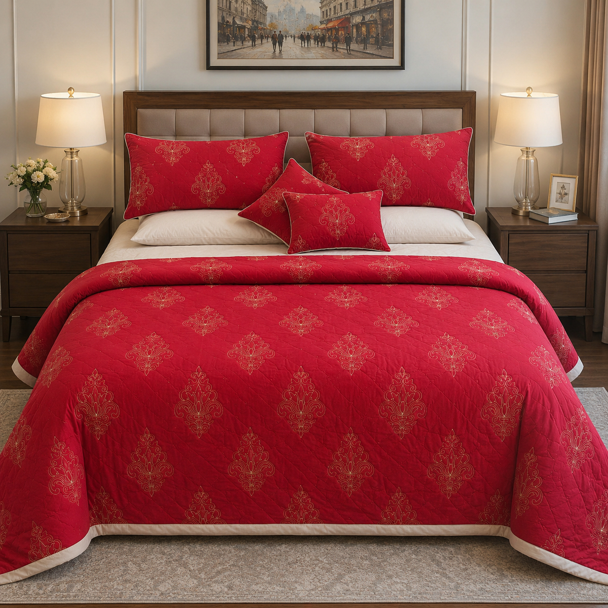 Maroon Damask Medallion 8pcs Comforter Set