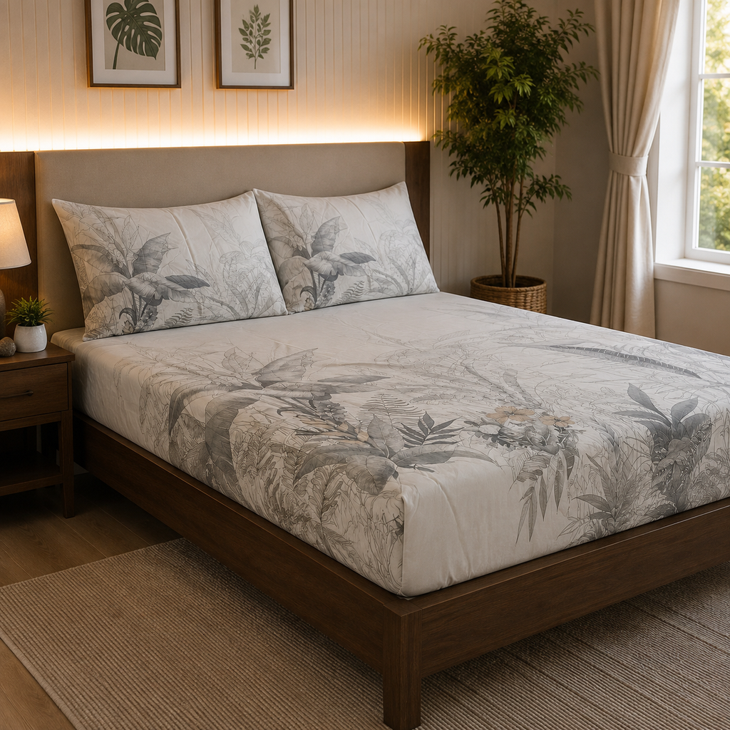 White & Grey Tropical Botanical Cotton Satin Bedsheet Set
