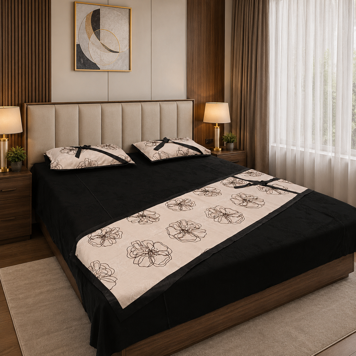 Noir Bloom Satin Bedsheet Set with Embroidered Runner