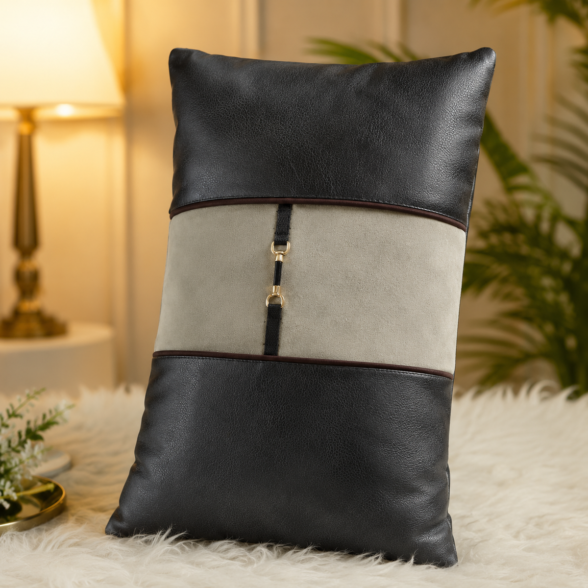 Velvet & Leather Rectangle Filled Cushion – Premium Decorative Cushion