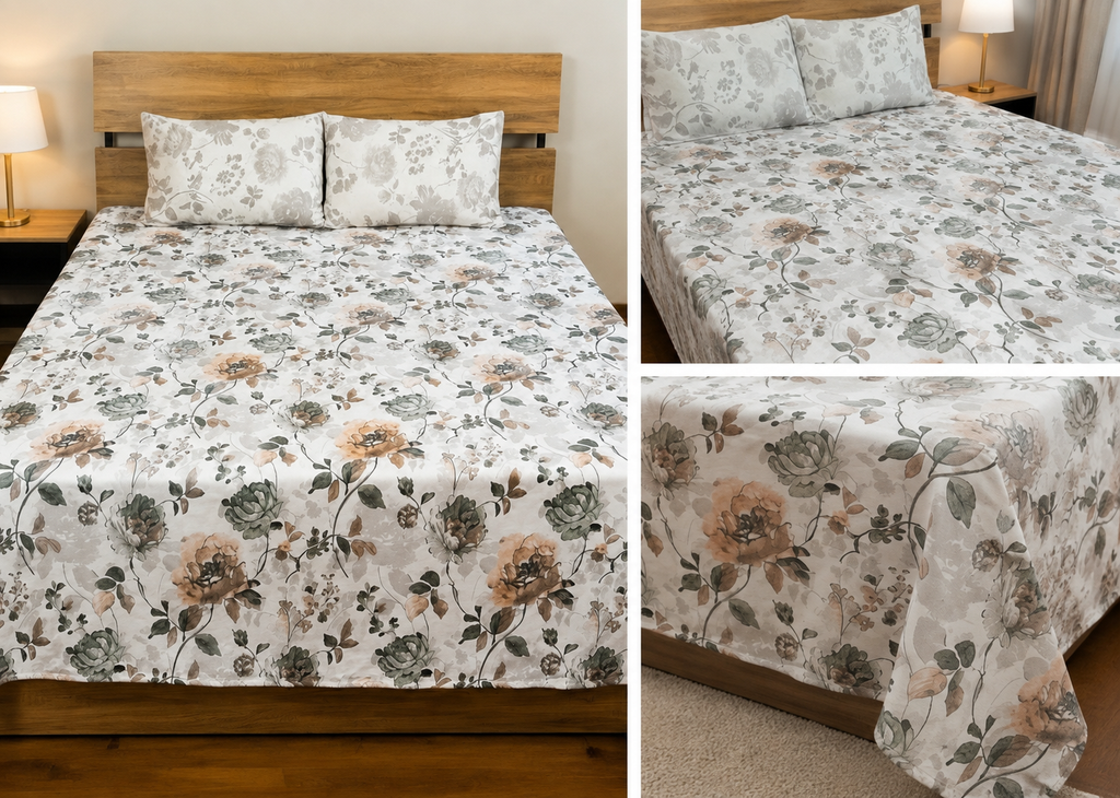 Sage Rose Trail Cotton Bedsheet Set 3 Pcs King size