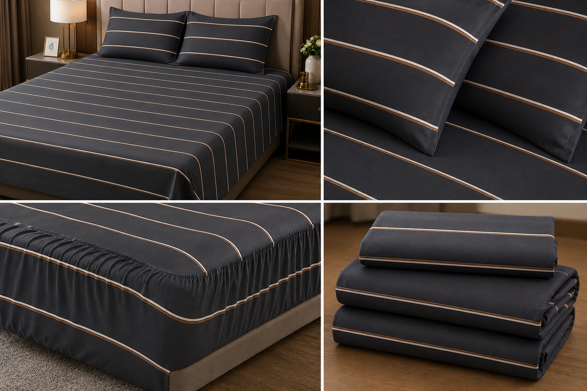 Charcoal Gold Pinstripe Printed satin Bedsheet Set