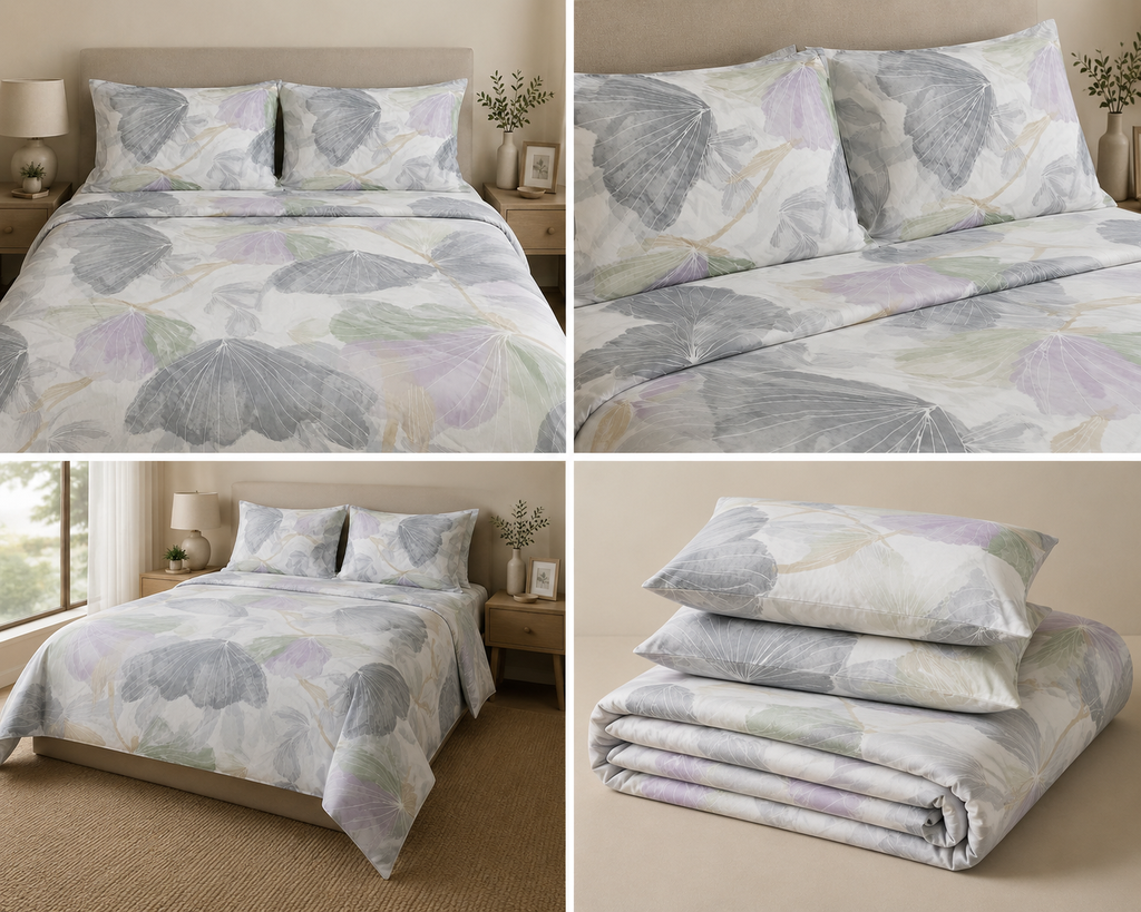 Mist Lotus Leaf satin  Printed Bedsheet Set