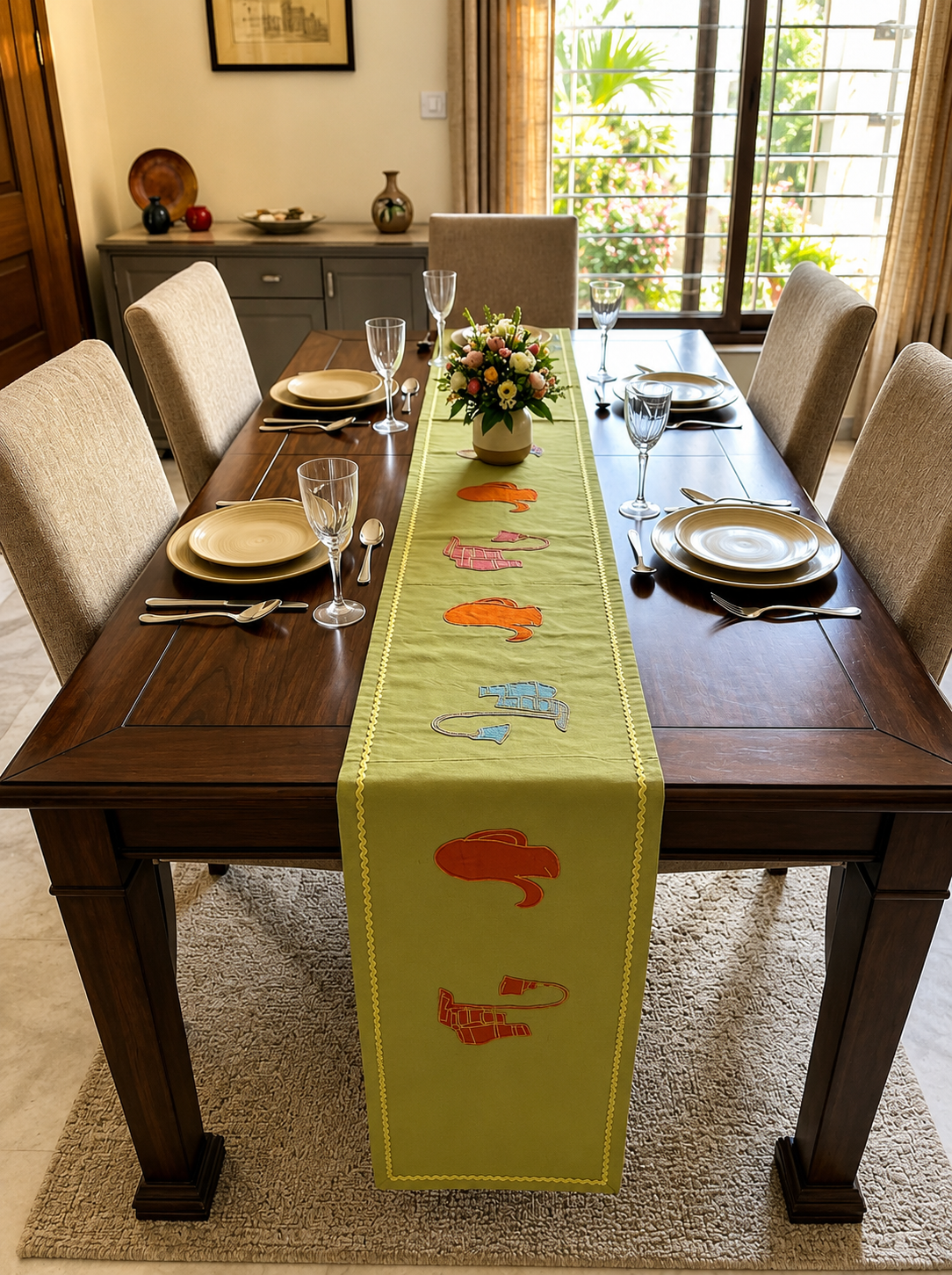 Olive Velvet Table Runner — Artistic Appliqué & Embroidery