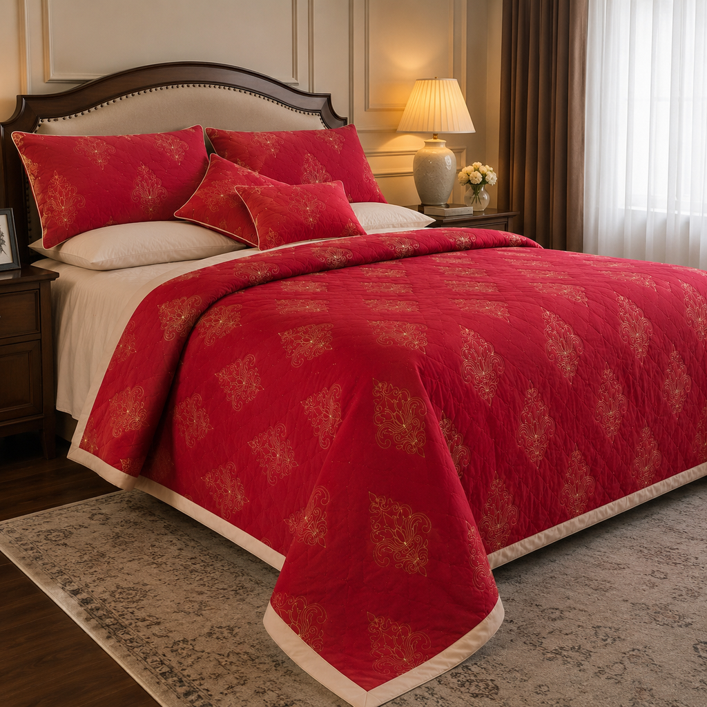 Maroon Damask Medallion 8pcs Comforter Set