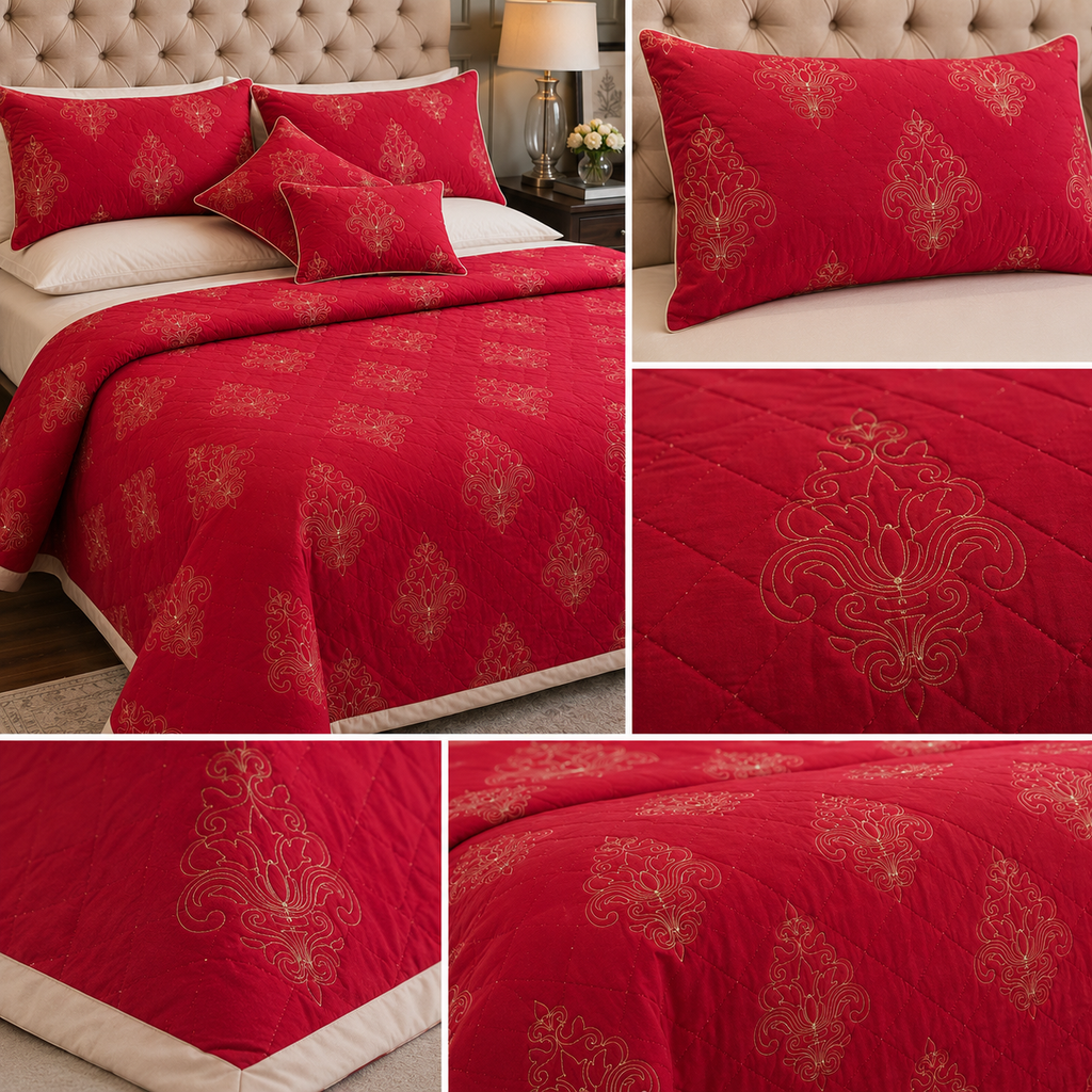 Maroon Damask Medallion 8pcs Comforter Set