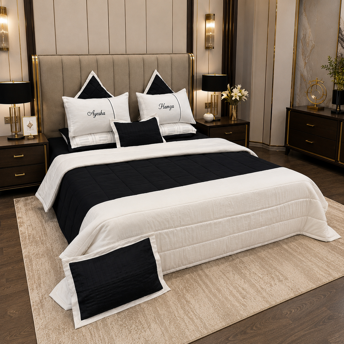 Noir Calligraphy Embroidered 8pcs Satin Comforter Set
