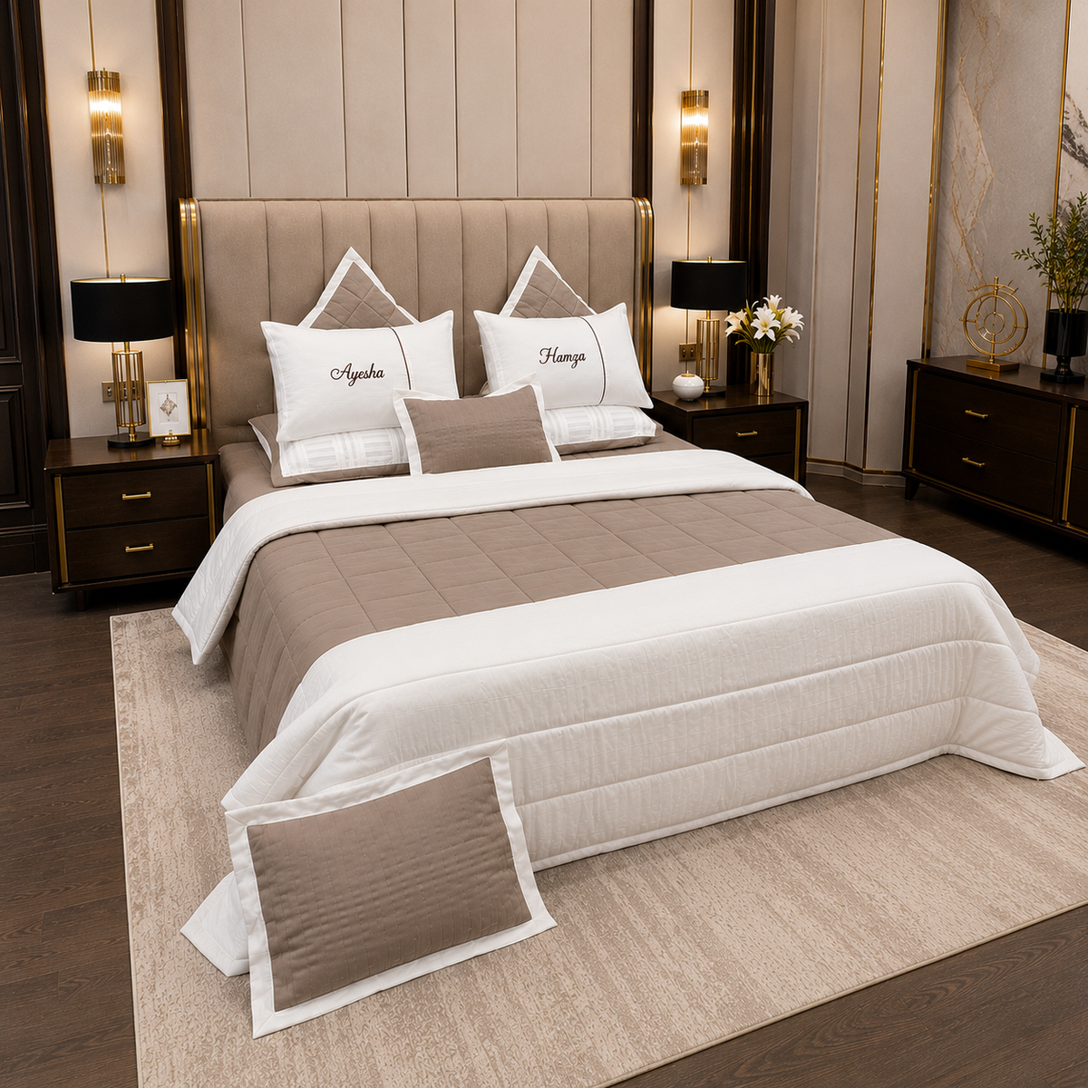 Noir Calligraphy Embroidered 8pcs Satin Comforter Set