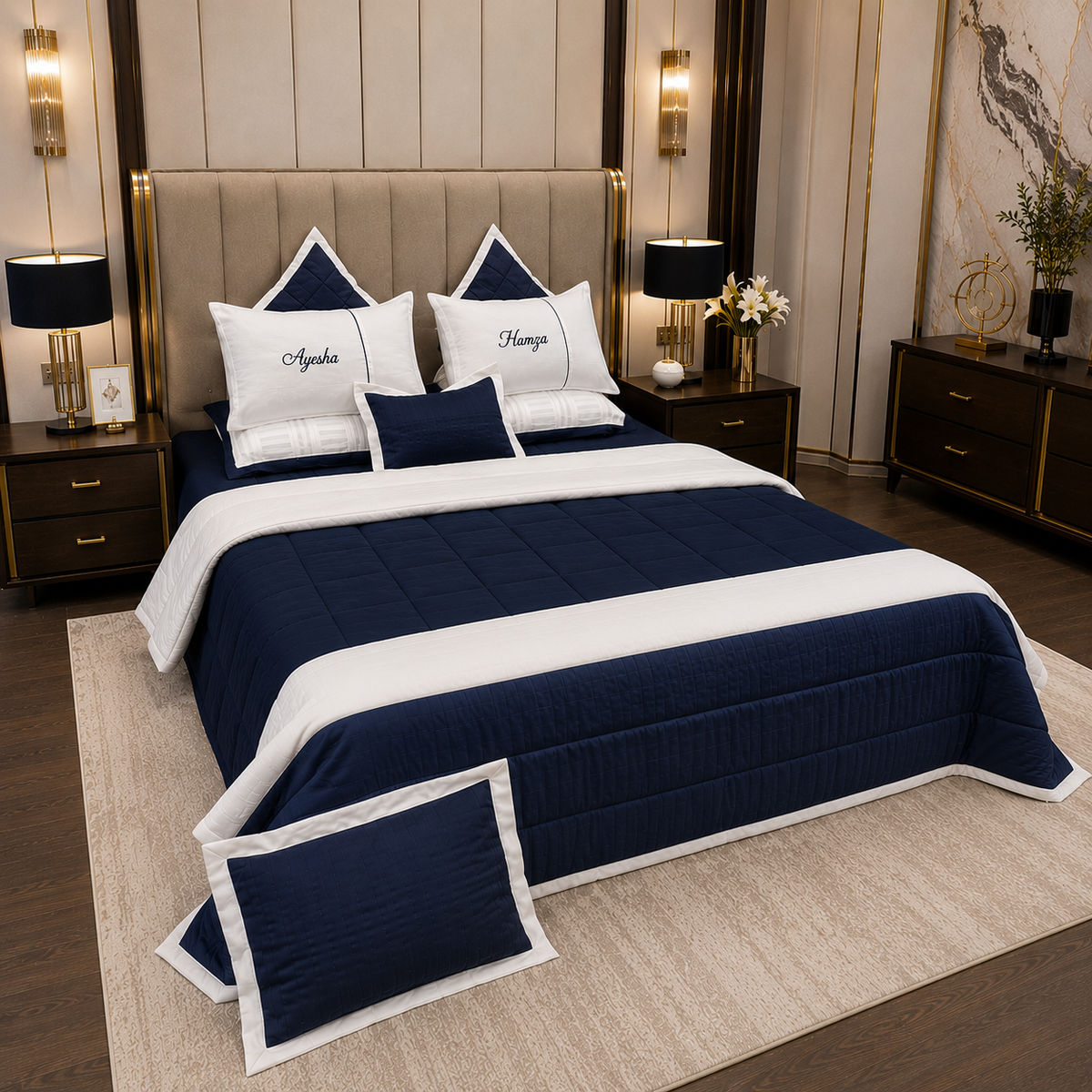 Noir Calligraphy Embroidered 8pcs Satin Comforter Set