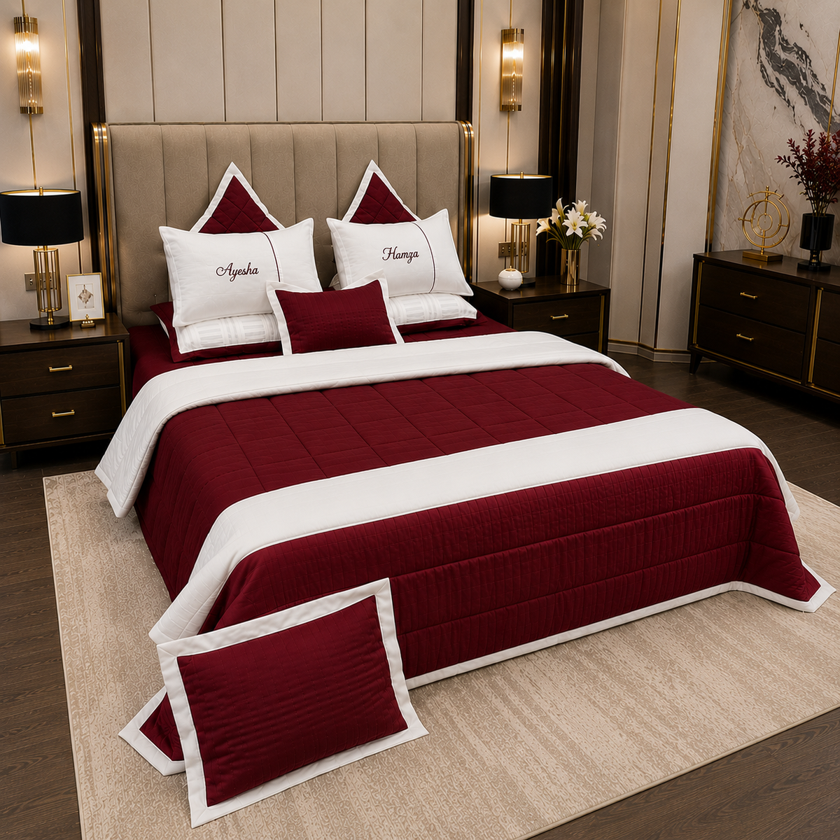 Noir Calligraphy Embroidered 8pcs Satin Comforter Set