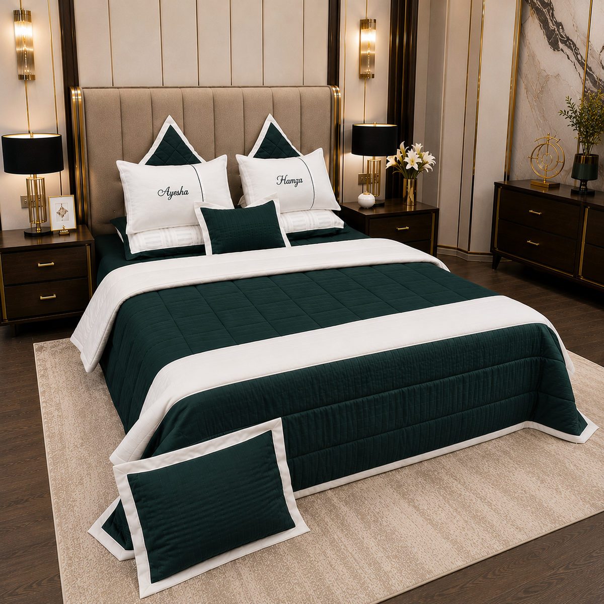 Noir Calligraphy Embroidered 8pcs Satin Comforter Set