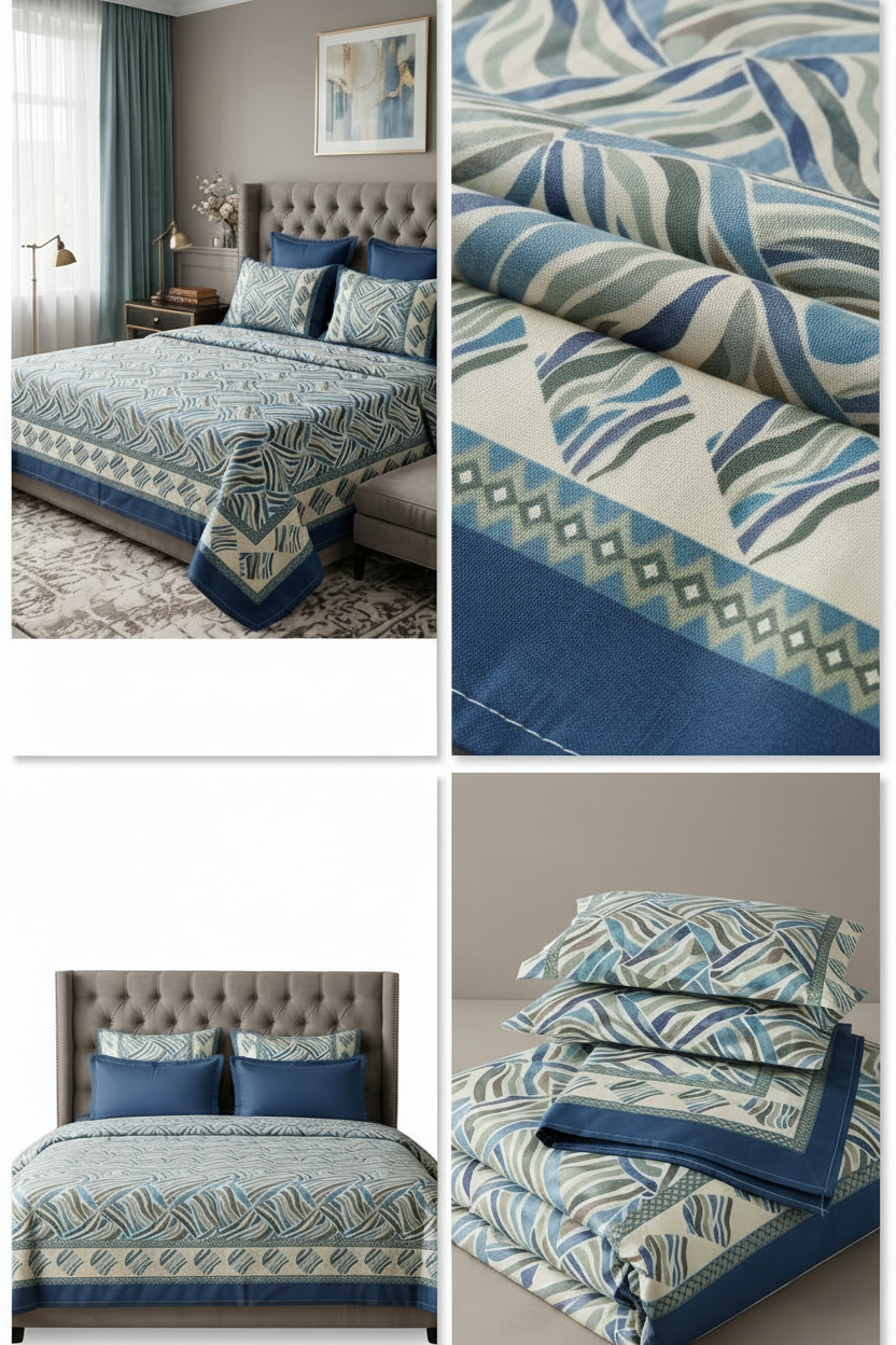 Coastal Blue Geometric Border Pure Premium Cotton Bedsheet Set