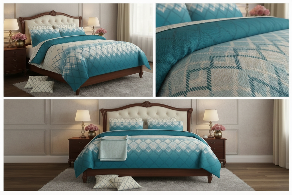 Teal Ombre Diamond Pure Premium Cotton Bedsheet Set