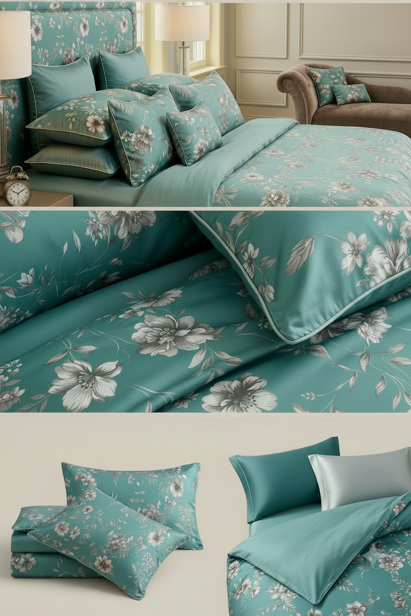 Teal Botanical Bloom pure cotton Bedsheet Set