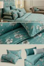 Teal Botanical Bloom pure cotton Bedsheet Set