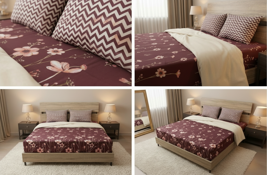 Maroon Wildflower Chevron Pure Premium Cotton Bedsheet Set