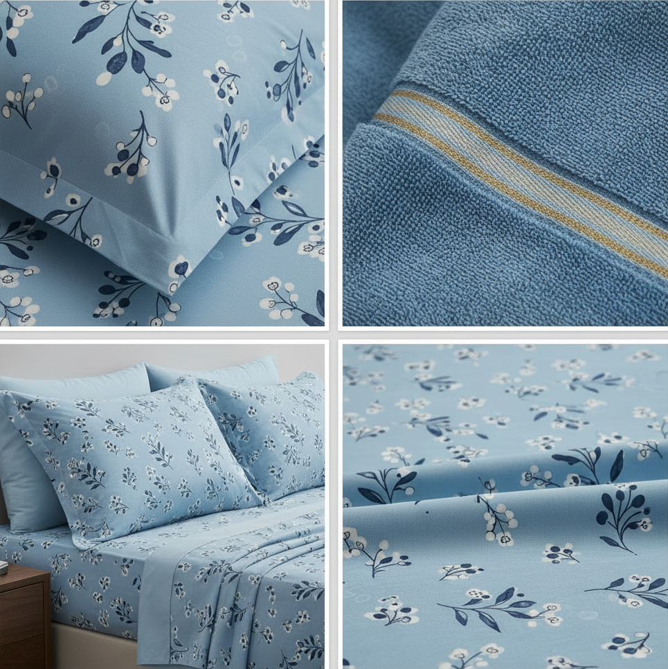 Powder Blue Floral Satin Bedsheet Set