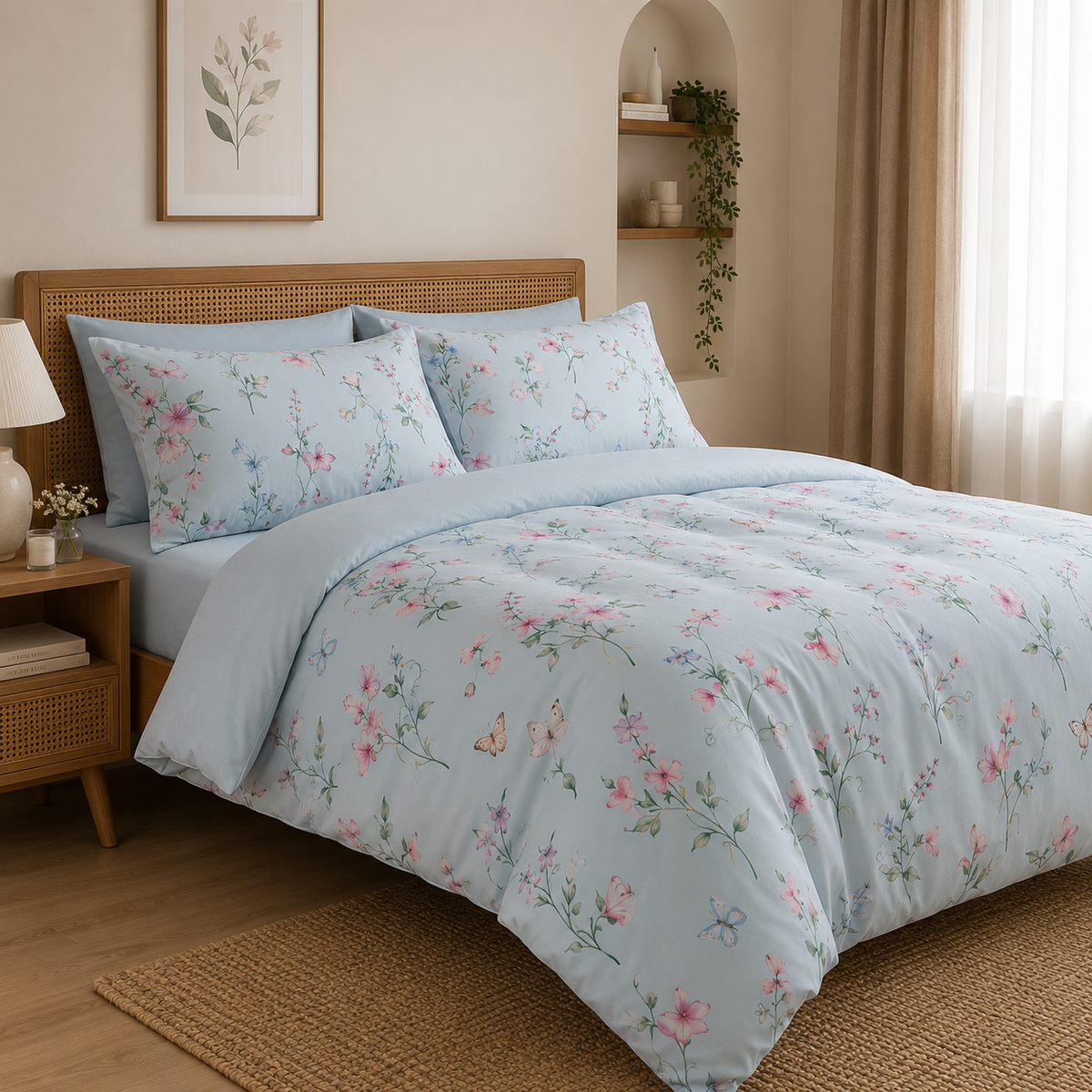 Pure Cotton Pastel Floral & Butterfly Bedsheet Set