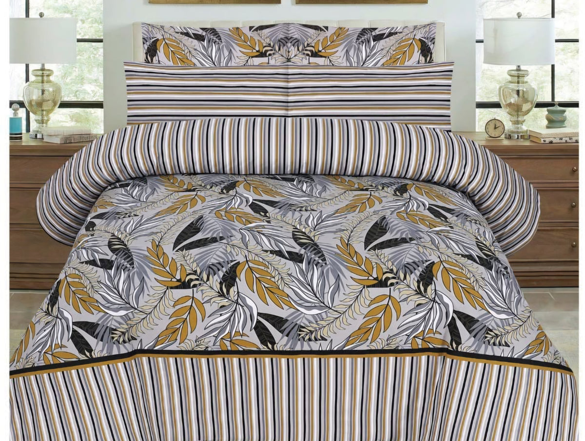 Pure Cotton Mustard Leaf & Stripe Bedsheet