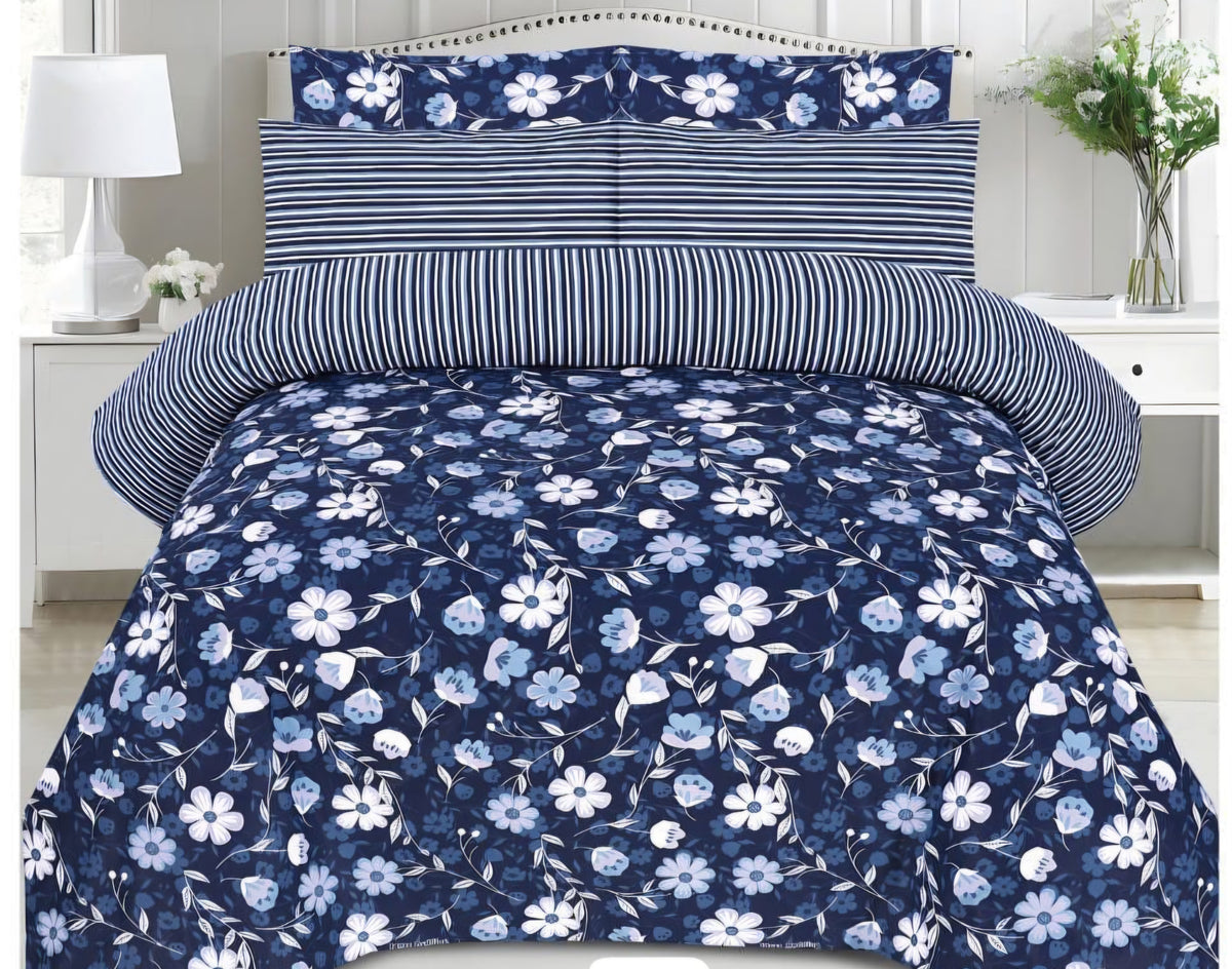 Pure Cotton Navy Blue Floral Stripe Bedsheet