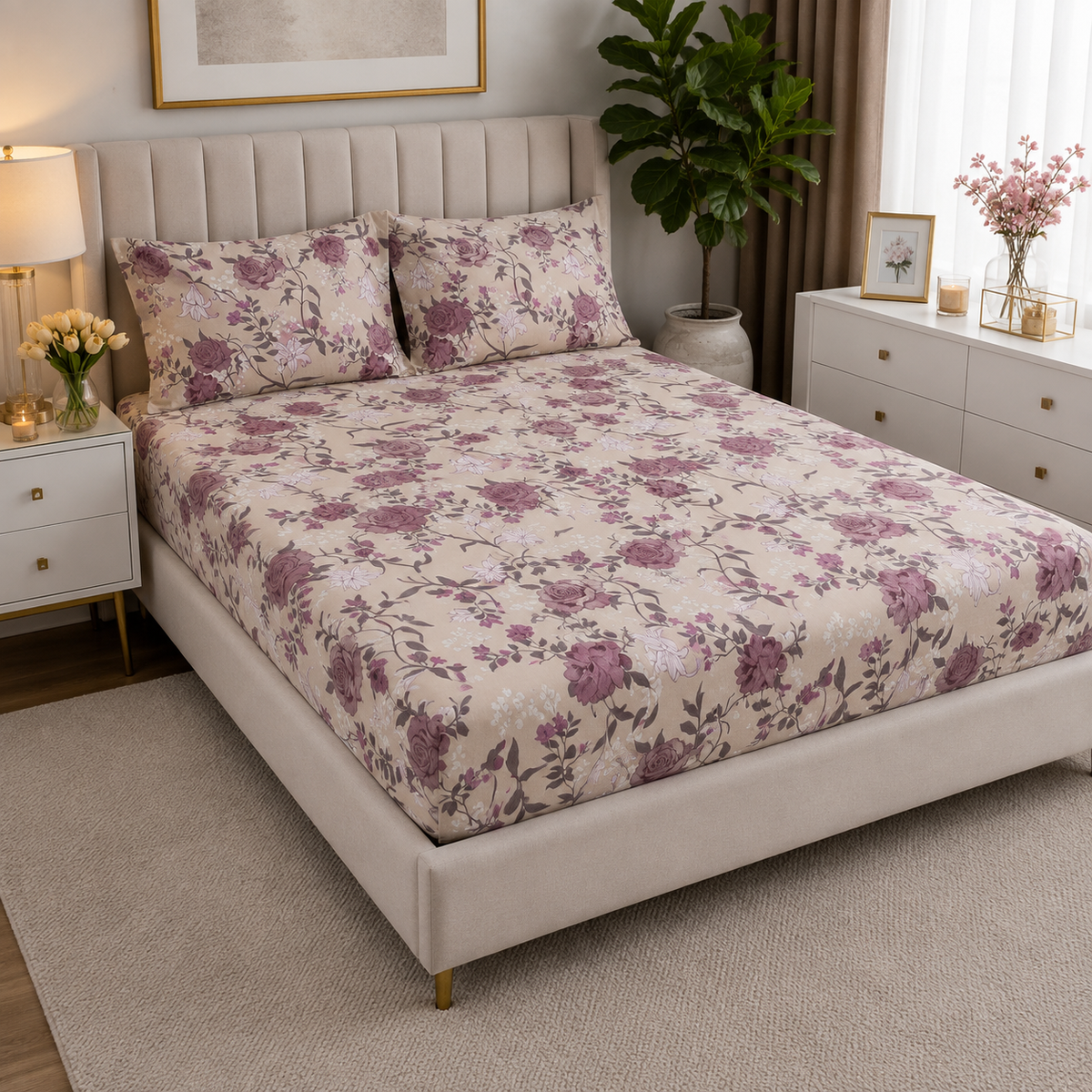 Blush Rose Garden – MicroCotton King Bedsheet (3pc)