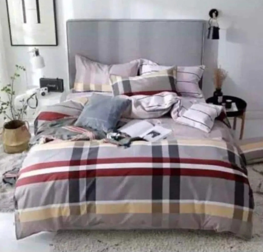 Grey, Black & Burgundy Check Winter Cotton Duvet Cover Set