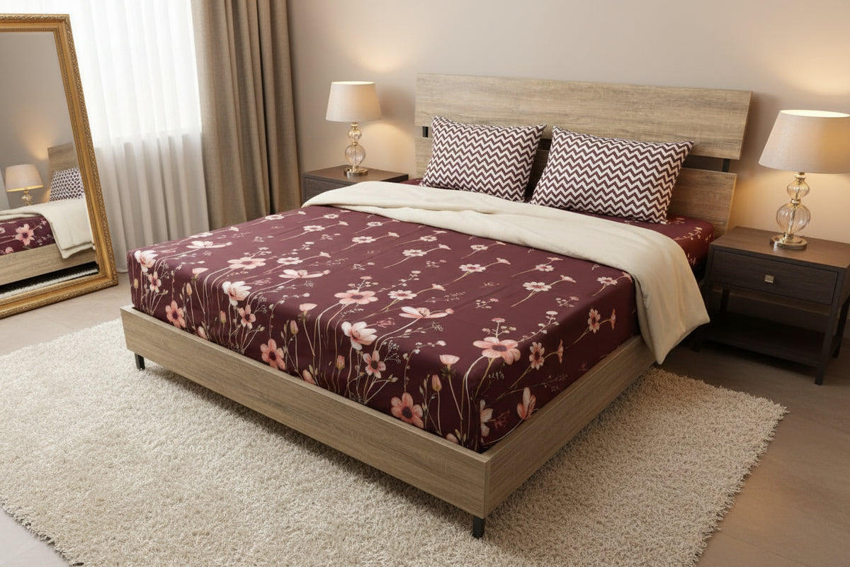 Maroon Wildflower Chevron Pure Premium Cotton Bedsheet Set