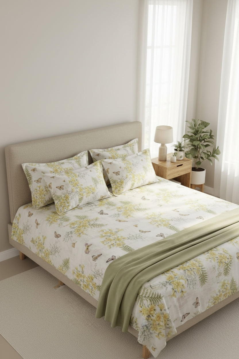 Golden Meadow Butterfly Pure Cotton Bedsheet Set