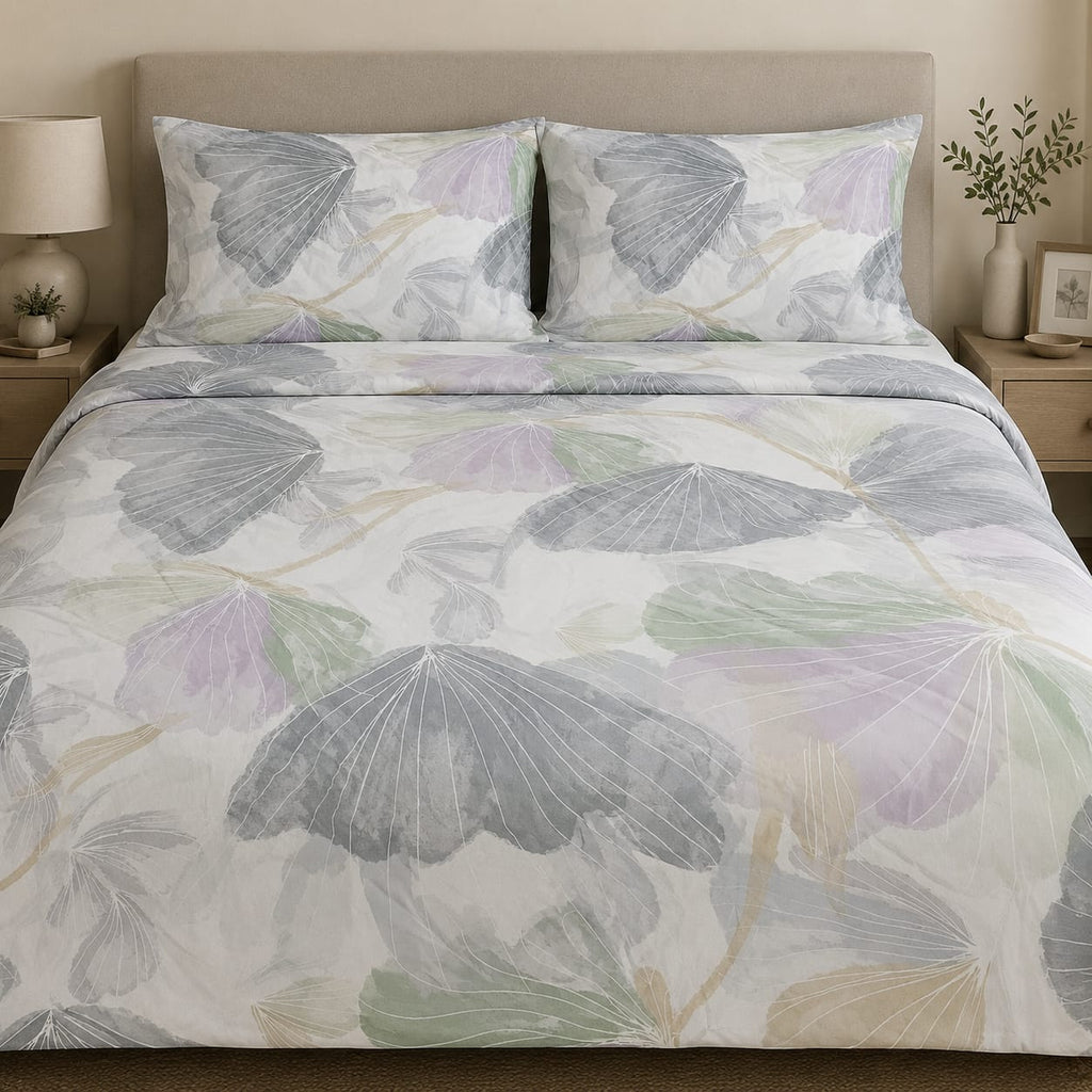 Mist Lotus Leaf satin  Printed Bedsheet Set