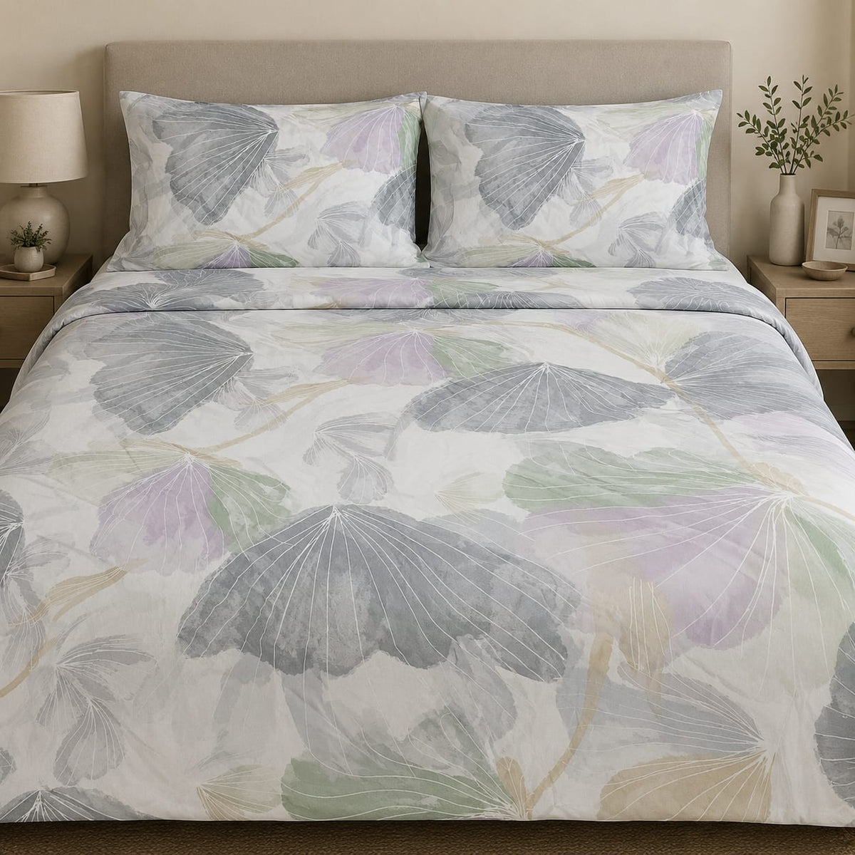 Mist Lotus Leaf satin  Printed Bedsheet Set