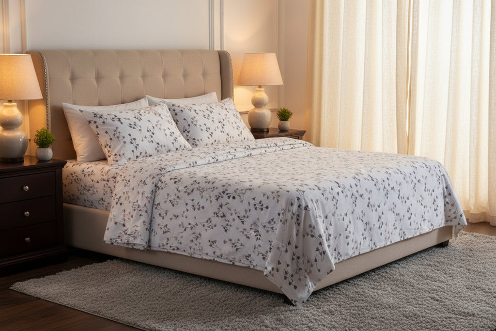 Monochrome Wildflower Printed satin Bedsheet Set