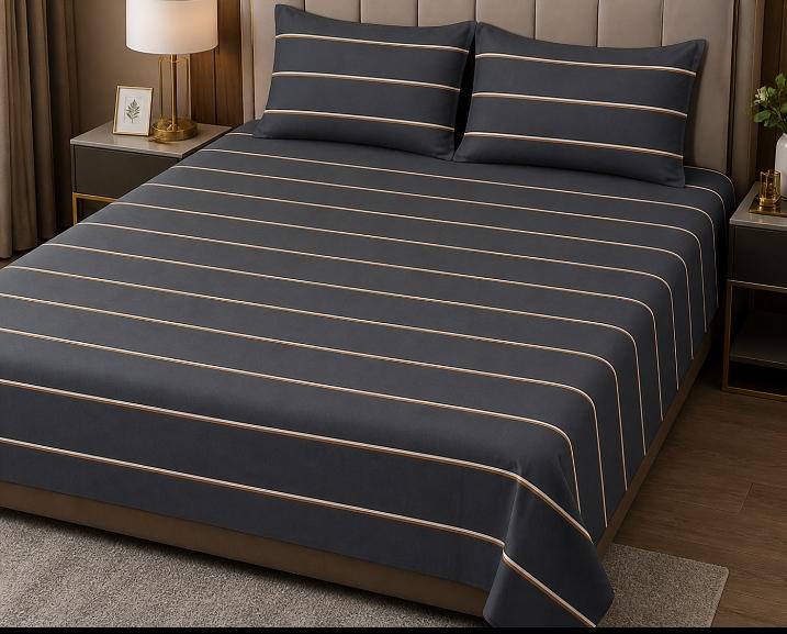 Charcoal Gold Pinstripe Printed satin Bedsheet Set