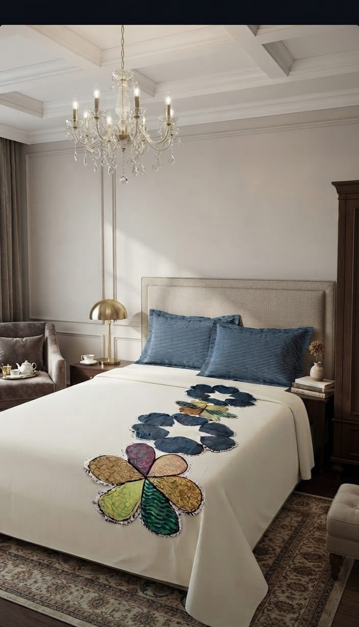 Handcrafted Floral Patchwork Bed Runner & Pillowcase Set — Cotton & Jeans Combo