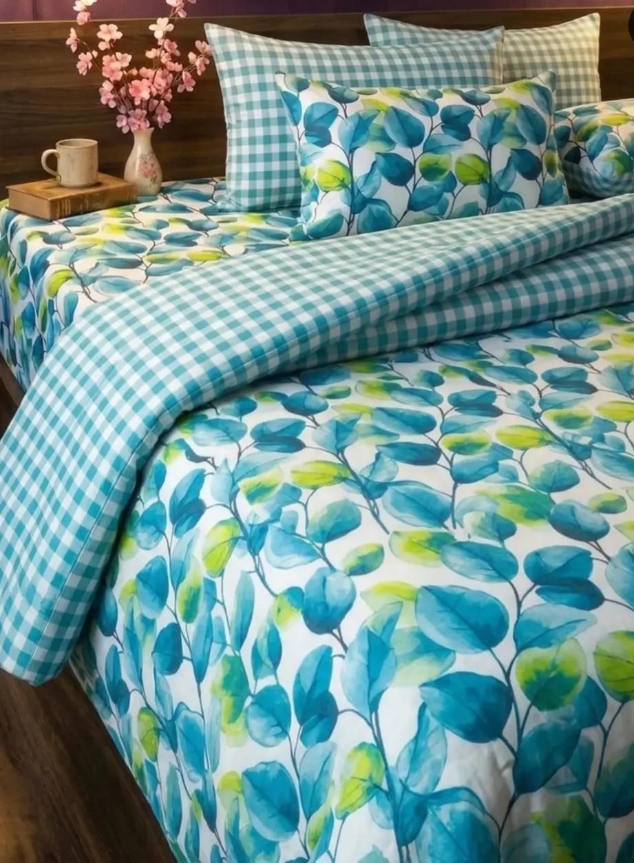 Teal Leaf Gingham pure cotton Bedding Set