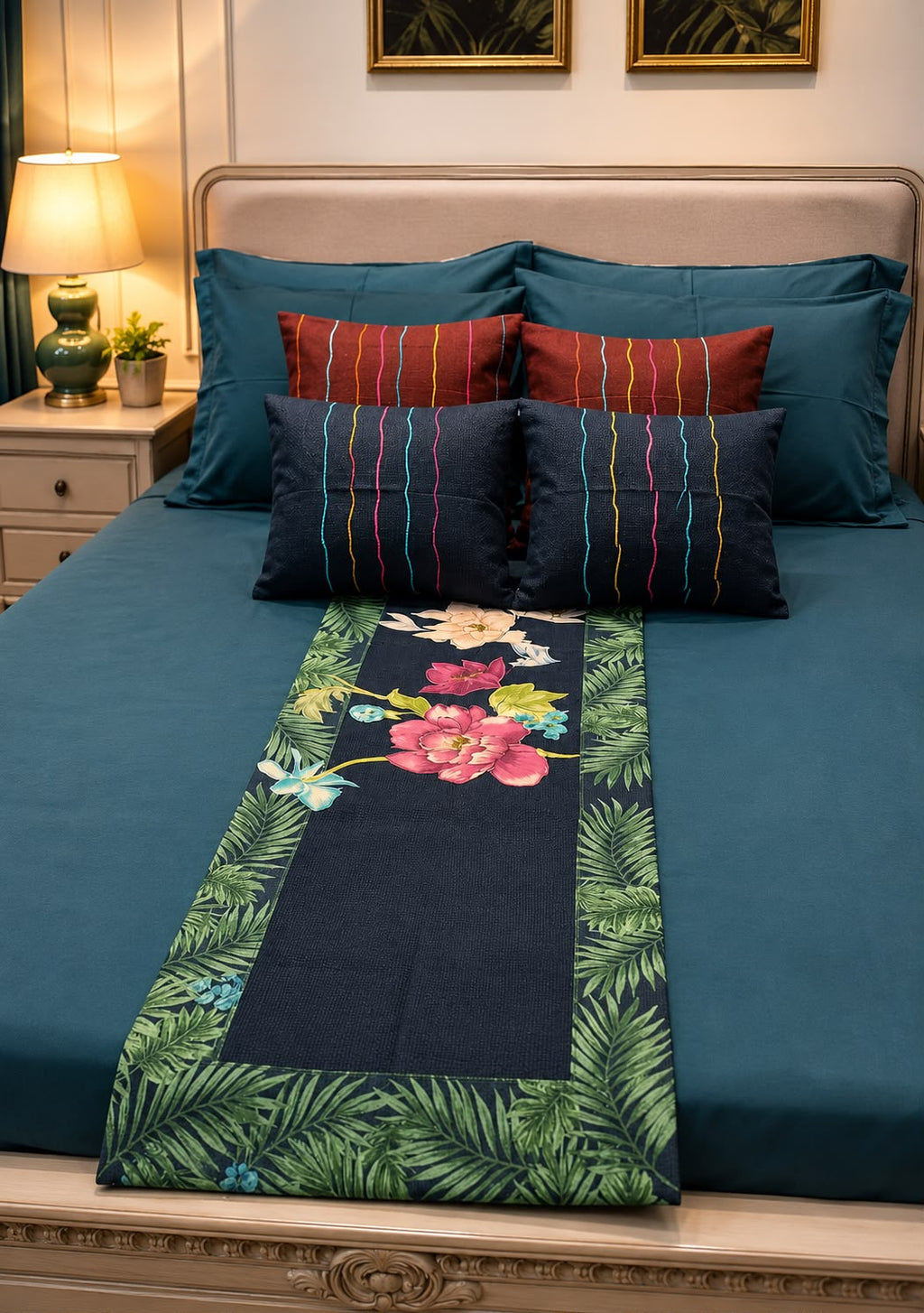 Tropical Floral Bed Runner & Cushion Set — Cotton Jute