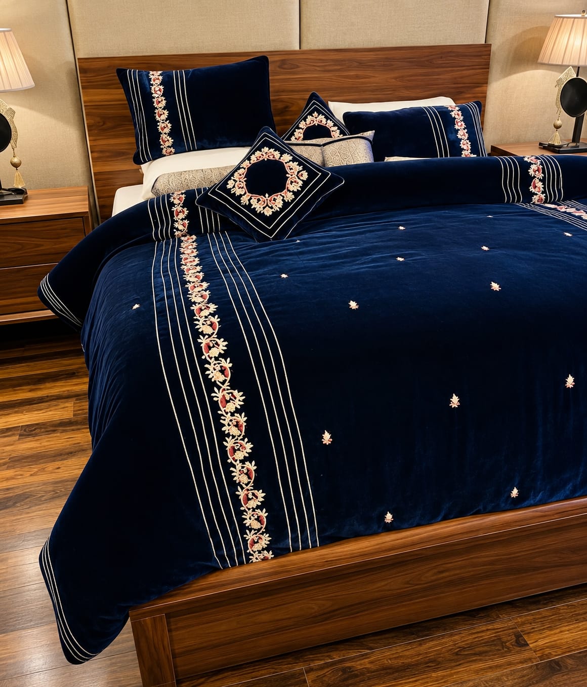 Midnight Navy Floral Embroidered Velvet Bridal Set