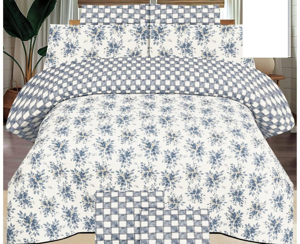 Pure Cotton Summer Bedsheet – Slate Blue Floral & Check Print
