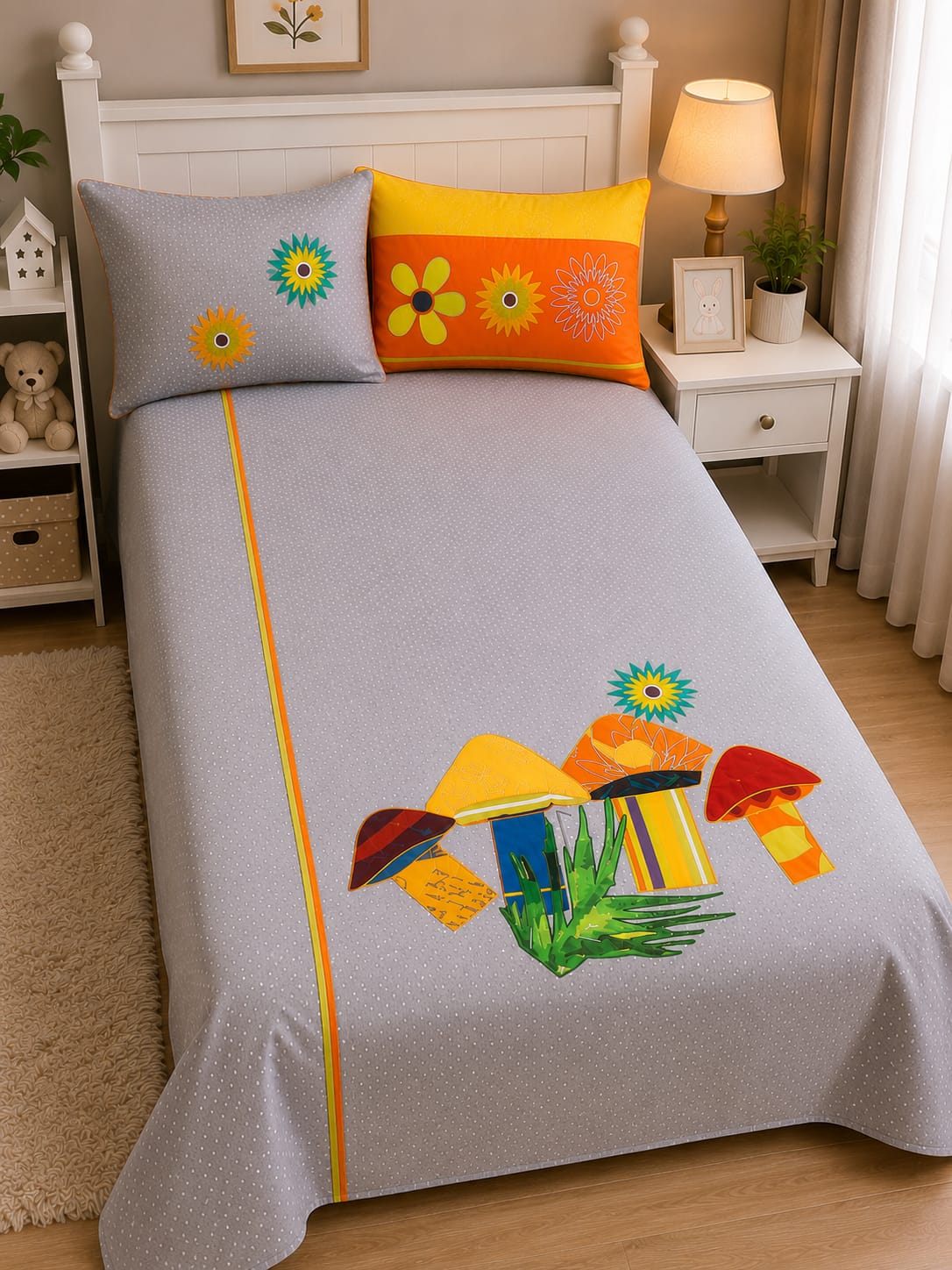 Mushroom Theme Embroidered Single Bedsheet Set